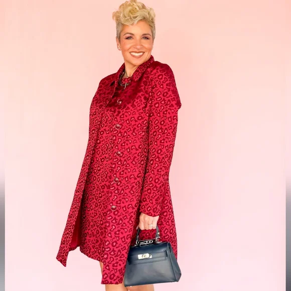 Jade Red Collar Fitted Coat Cheetah Print Brocade Size XL - Picture 3 of 14